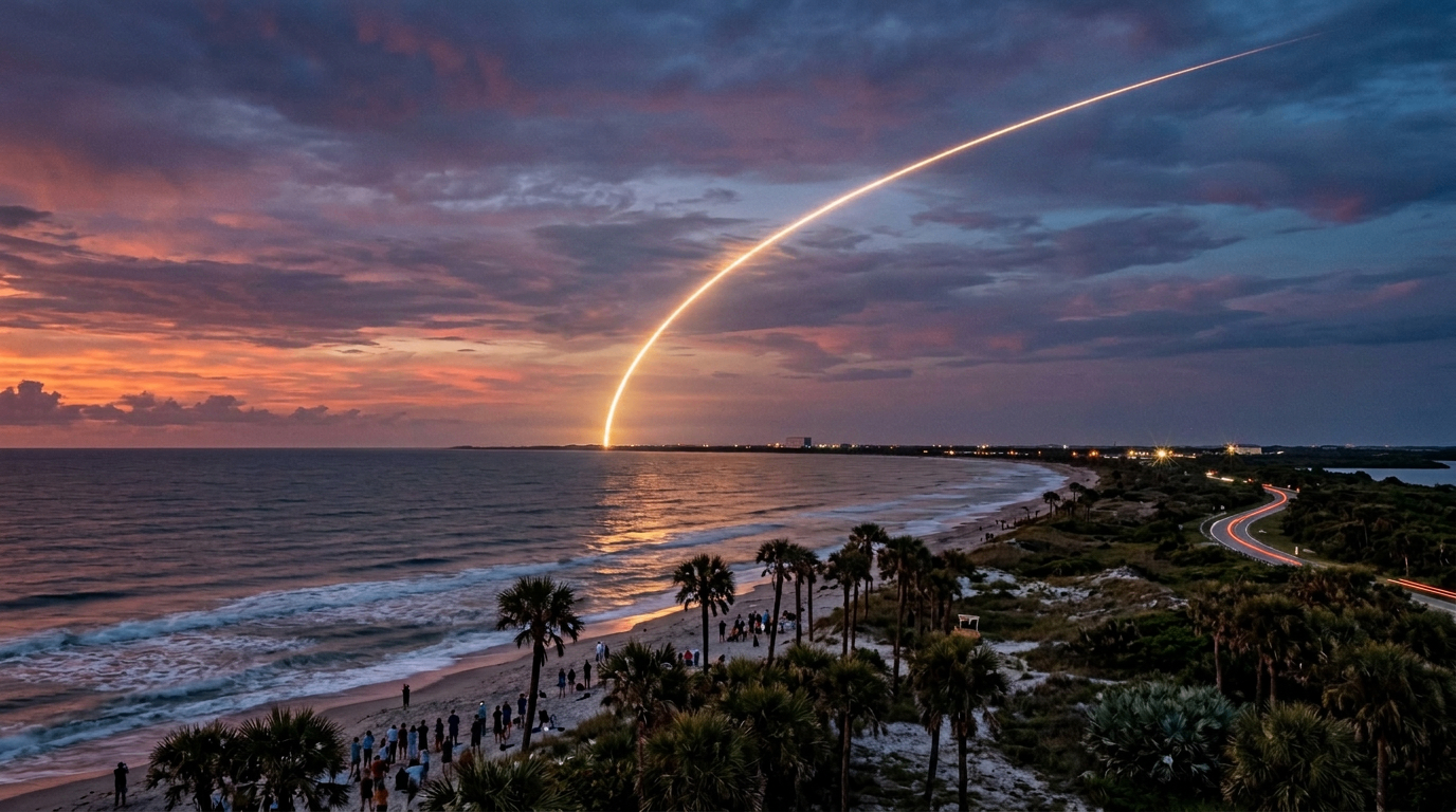 Rocket launch streaking over a Space Coast Florida beach at sunset